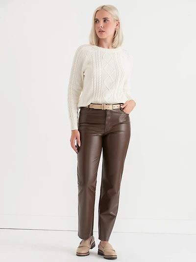 Straight-Leg Brown Faux-Leather Pant