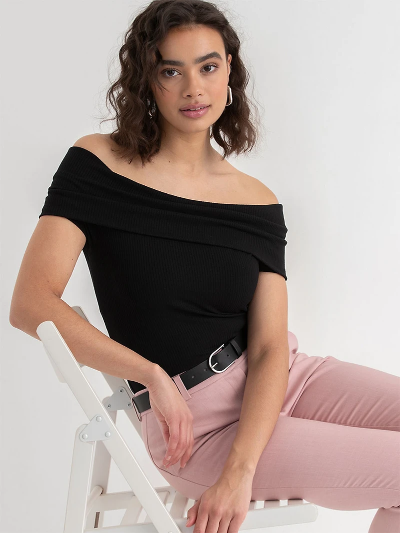 Off Shoulder Ribbed Top Black