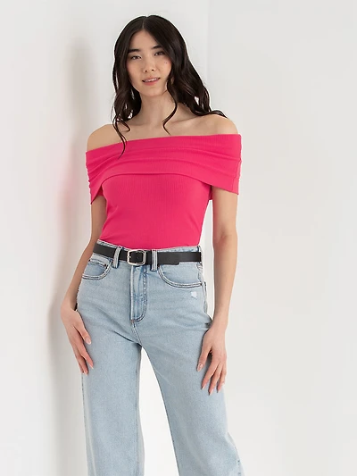Off Shoulder Ribbed Top Raspberry Sorbet