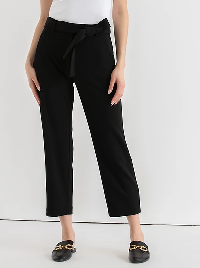 Belted Black Straight Crop Pant Scuba Crepe