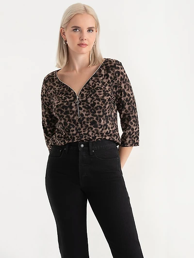 V-Neck Zippered Three Quarter Sleeve Top