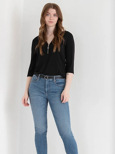 V-Neck Zipper Three Quarter Sleeve Top Black