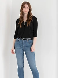 V-Neck Zipper Three Quarter Sleeve Top Black