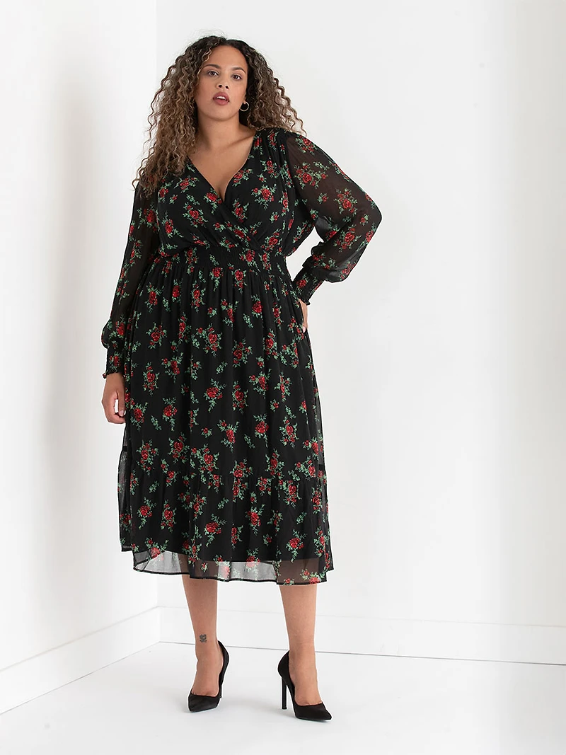 Nova Smocked Floral Midi Dress Chiffon