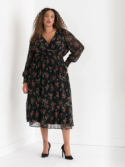 Nova Smocked Floral Midi Dress Chiffon