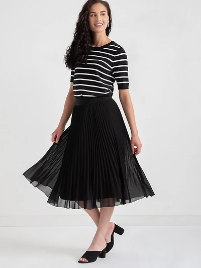 Short Black Chiffon Release Pleat Midi Skirt