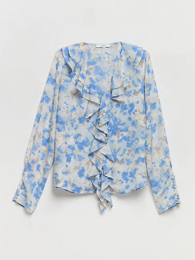 Long Sleeve V-Neck Ruffle Blouse