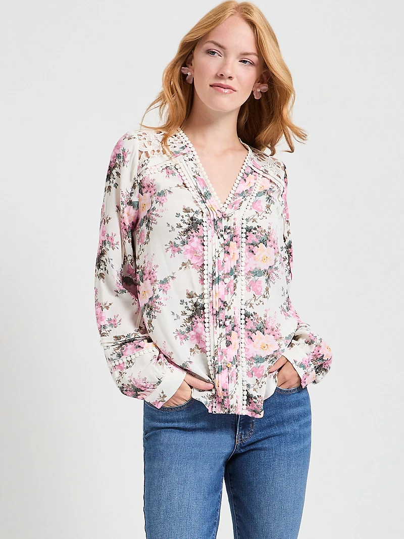 Long Sleeve Lace Trim Blouse