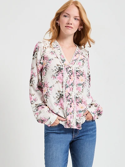 Long Sleeve Lace Trim Blouse