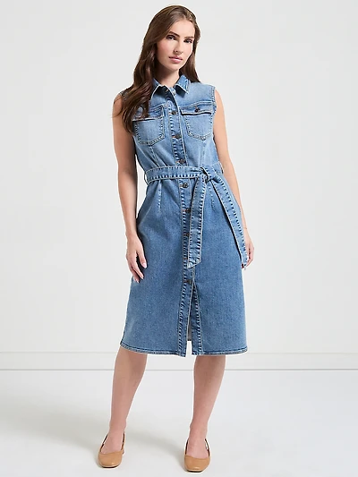 Sleeveless Denim Button Front Dress
