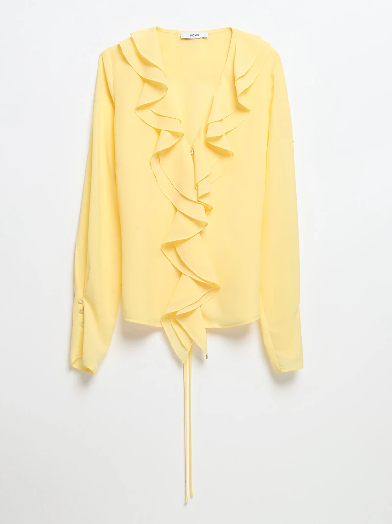 Long Sleeve V-Neck Ruffle Blouse