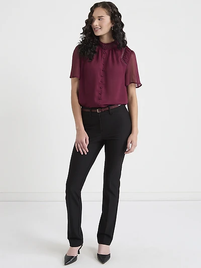 Short Flutter-Sleeve Lace Trim Blouse