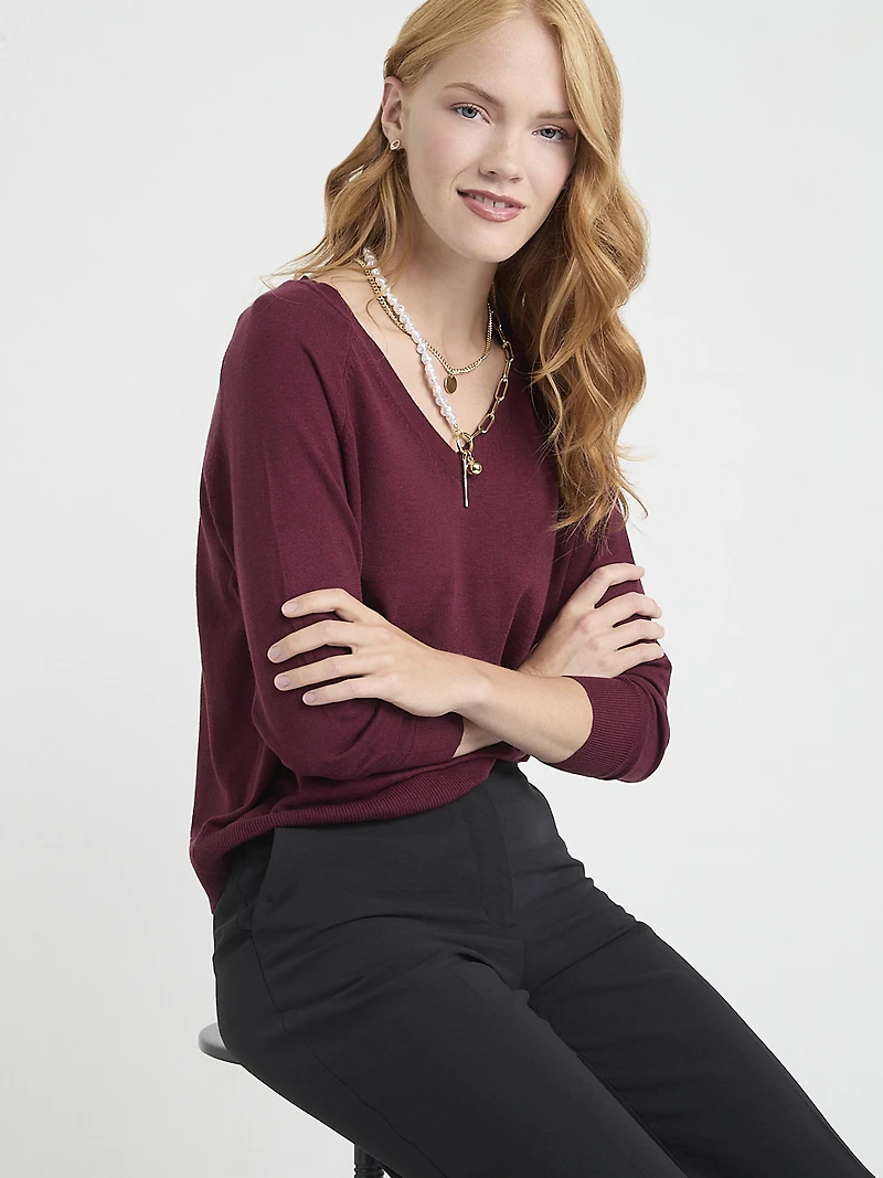 Long Sleeve Cashmere-Blend V-Neck Sweater Zinfandel Stripe