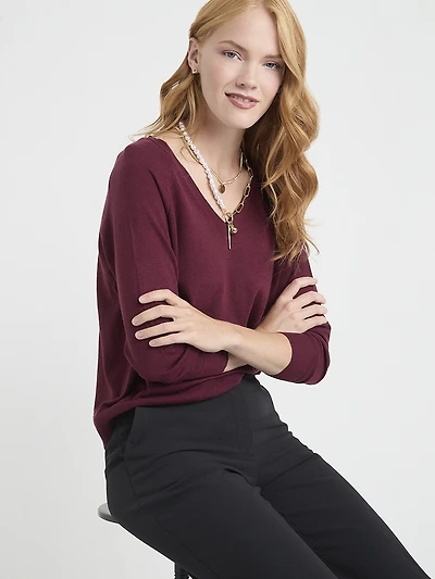 Long Sleeve Cashmere-Blend V-Neck Sweater Zinfandel Stripe