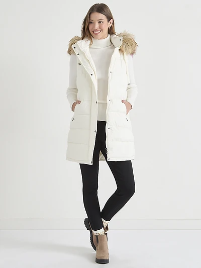 Black Carlyn Long Puffer Vest with Detachable Hood & Fur Trim