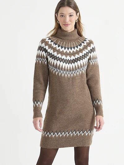 Cowl Neck Fair Isle Sweater Dress