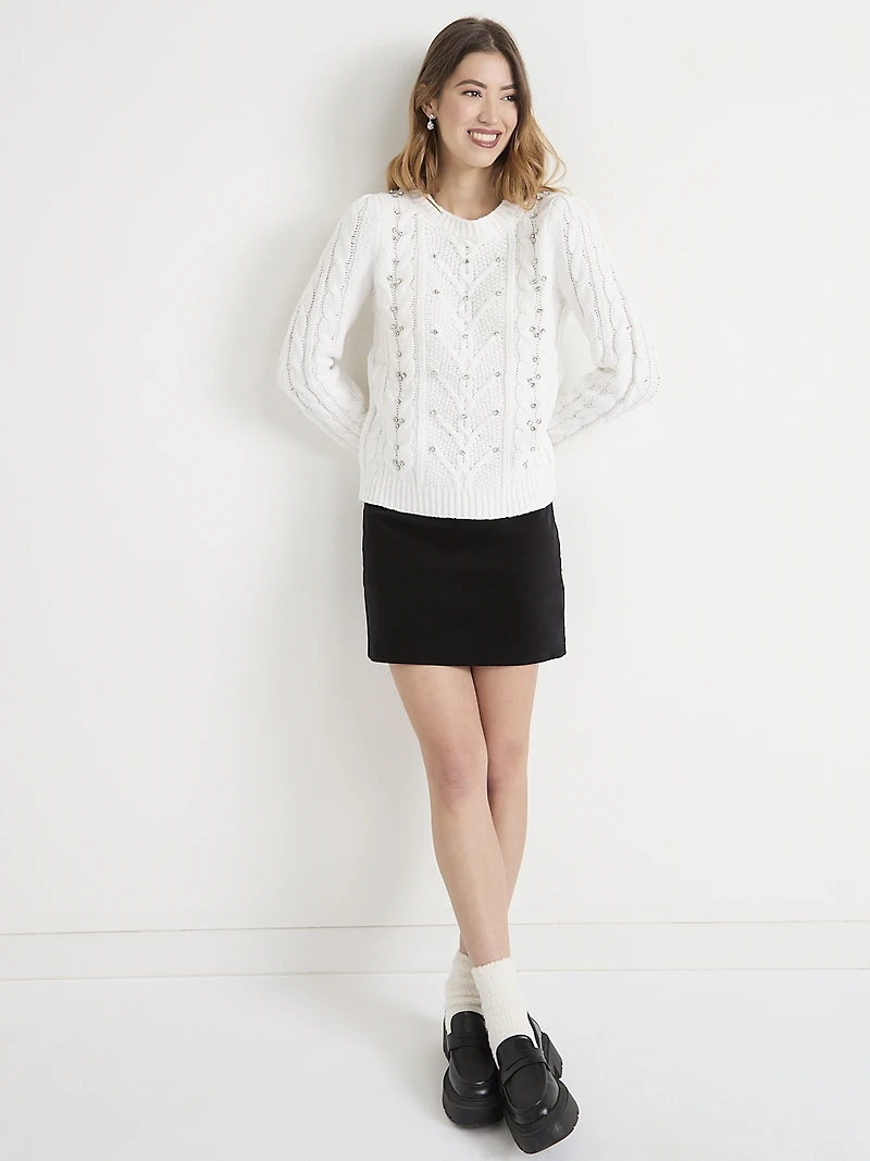 Cable Knit Sweater with Gem Detail