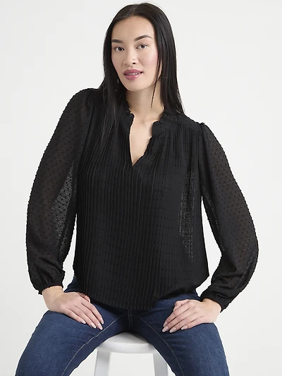 Long Sleeve Henley Swiss Dot Blouse