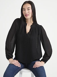 Long Sleeve Henley Swiss Dot Blouse