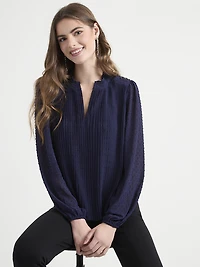 Long Sleeve Henley Swiss Dot Blouse