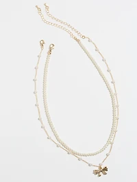 Delicate 2-Layer Pearls & Bow Necklace