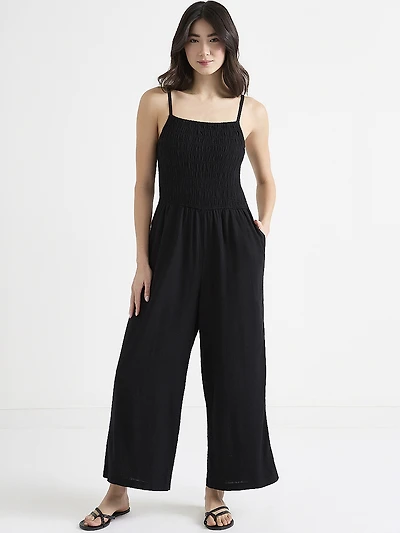 Linen Smocked Bodice Crop Jumpsuit