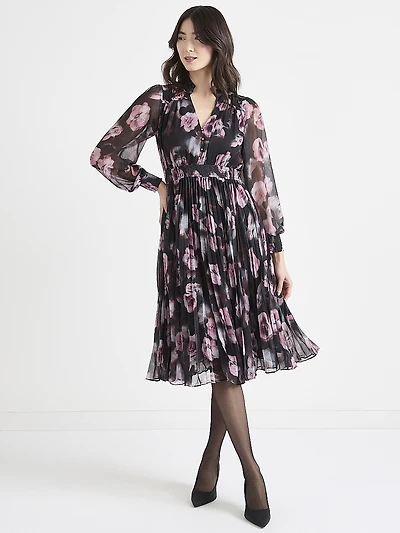 Long Sleeve Midi Dress with Pleats