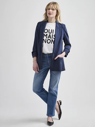 Ponte Ruched-Sleeve Long Line Blazer