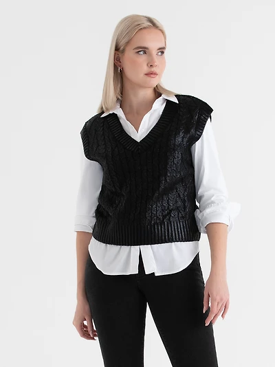 Cable Knit V-Neck Sweater Vest Black Metallic