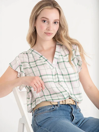Flutter Sleeve V-Neck Plaid Blouse