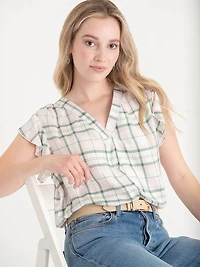 Flutter Sleeve V-Neck Plaid Blouse