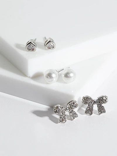 Heart, Pearl + Bow Stud Earrings Trio