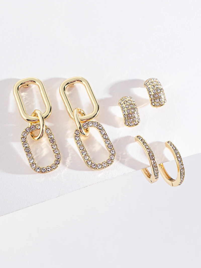 Gold Pave Paperclip Hoop and Stud Earring Set
