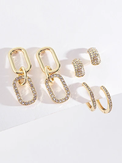 Gold Pave Paperclip Hoop Stud Earring Set