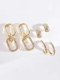 Gold Pave Paperclip Hoop Stud Earring Set