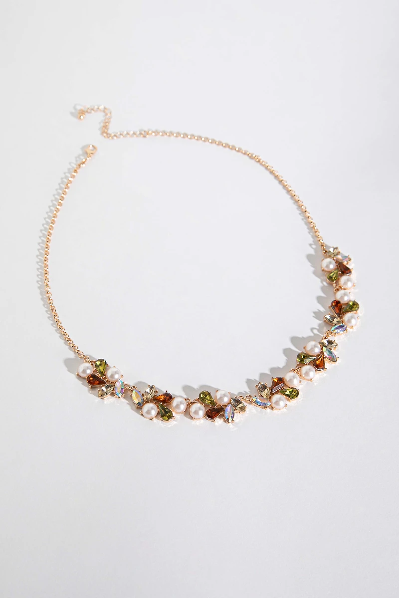 Statement Crystal and Pearl Gold Necklace