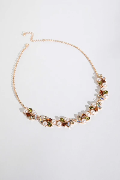 Statement Crystal and Pearl Gold Necklace