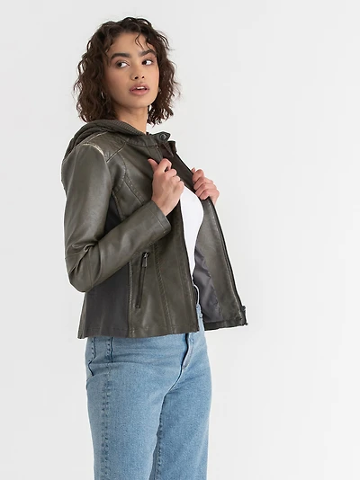 Hooded Faux Grey Leather Jacket