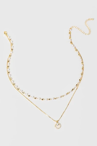 Kimberly Layered Pearl Circle Pendant 14K Gold Dipped Necklace