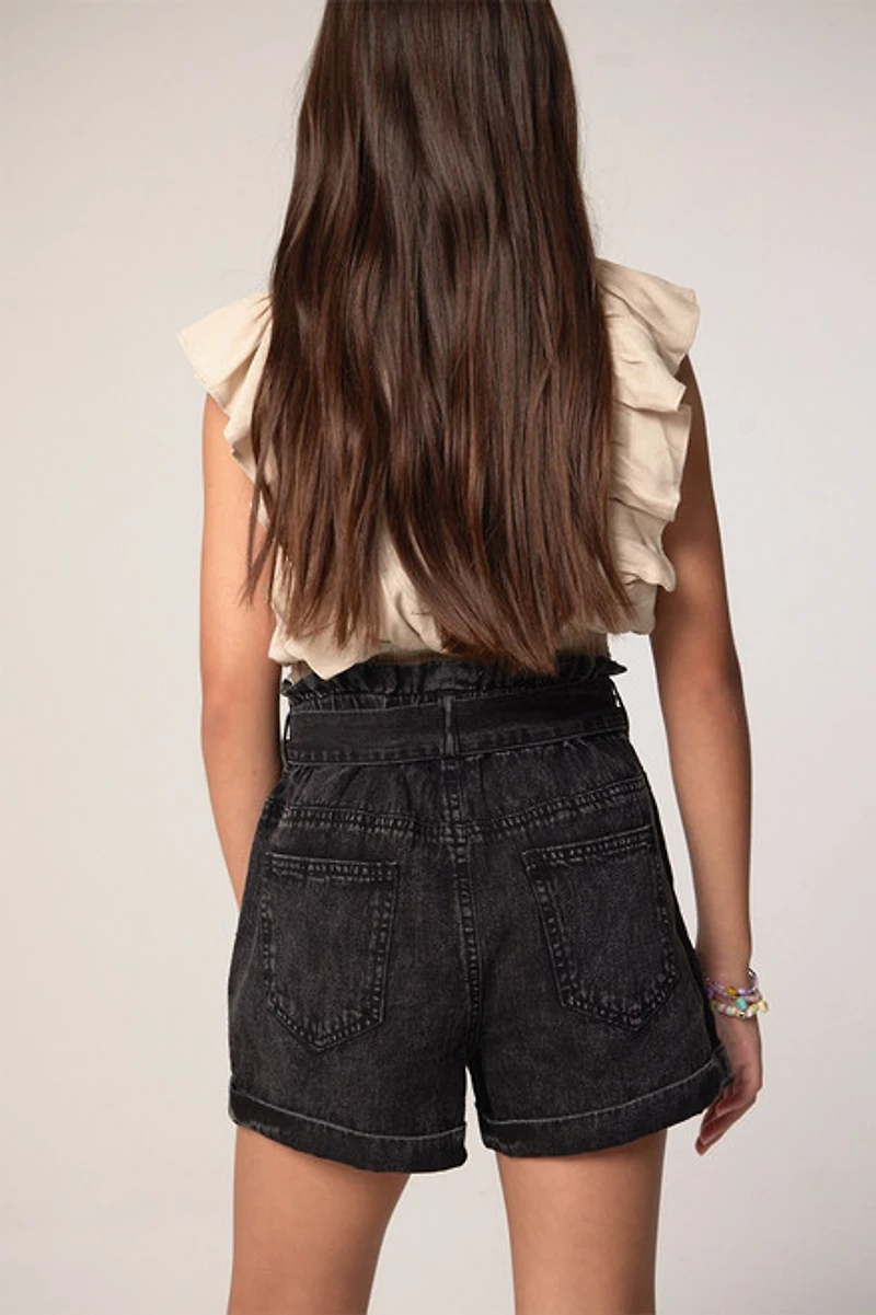 Hello Franki Front Tie Black Acid Wash Paperbag Shorts for girls