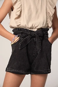 Hello Franki Front Tie Black Acid Wash Paperbag Shorts for girls