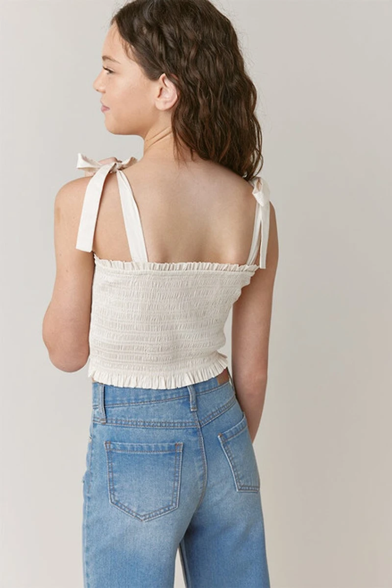 Hello Franki Tie Strap Smocked Crop Top for girls