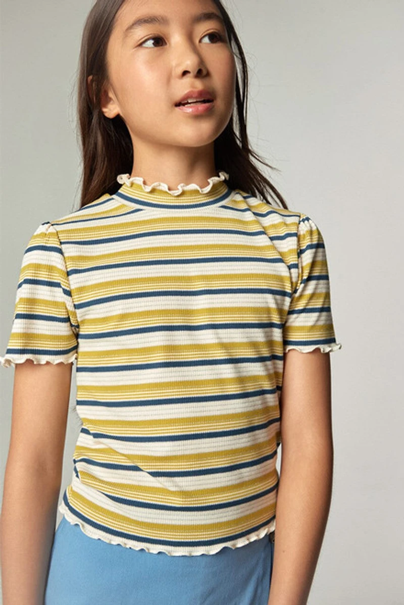 Hello Franki Stripe Lettuce Edge Yellow Tee for girls