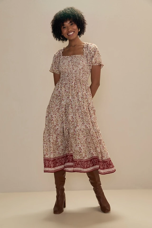 knee length dresses for ladies Ivory Multi Floral Contrast Thread Smocked Floral Midi Dress – PinkBlush main image 0