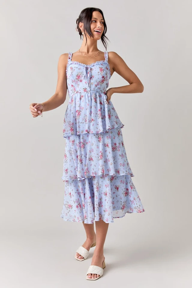 anita ruffle trim tiered midi dress Francesca's Anita Ruffle Trim Tiered Midi Dress