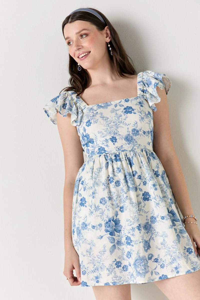 Bella Bow Back Postcard Print Mini Dress