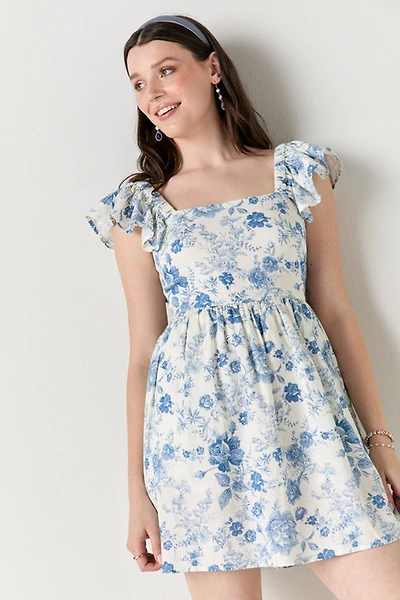 Bella Bow Back Postcard Print Mini Dress