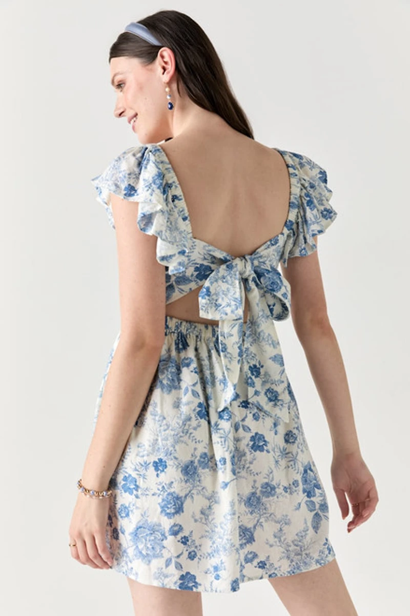 Bella Bow Back Postcard Print Mini Dress