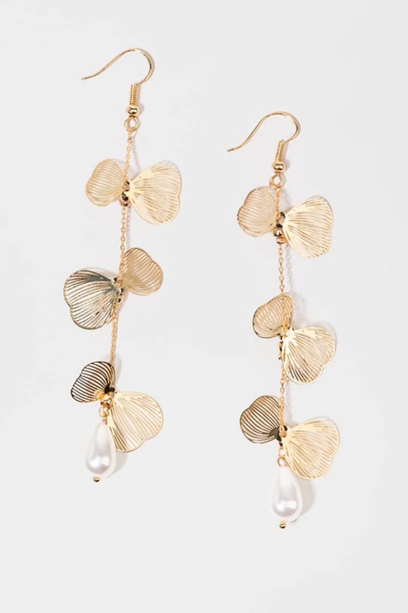 Emma Linear Metal Petal Pearl Drop Earrings