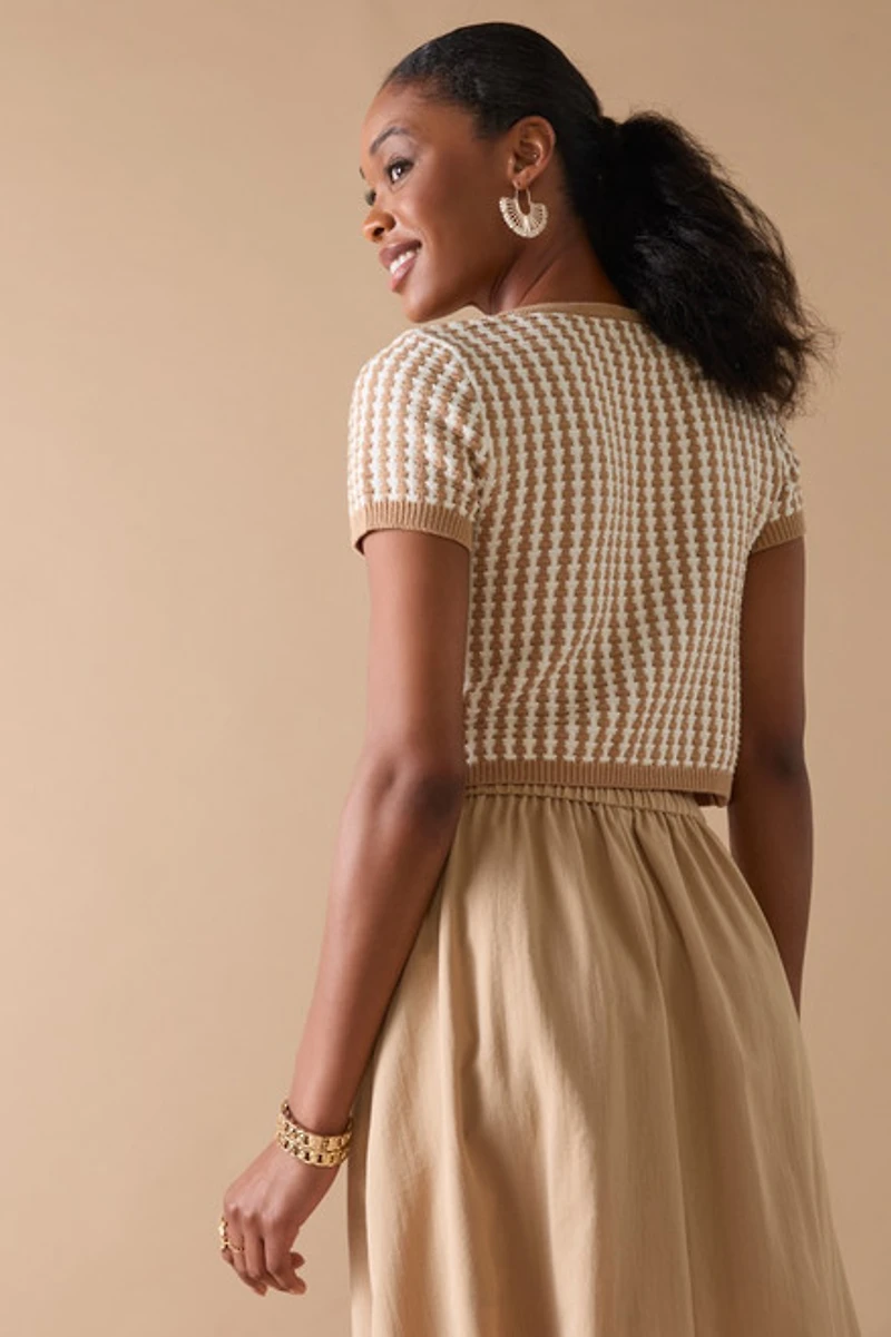Layla Rib Pattern Tie Front Cropped Sweater Top